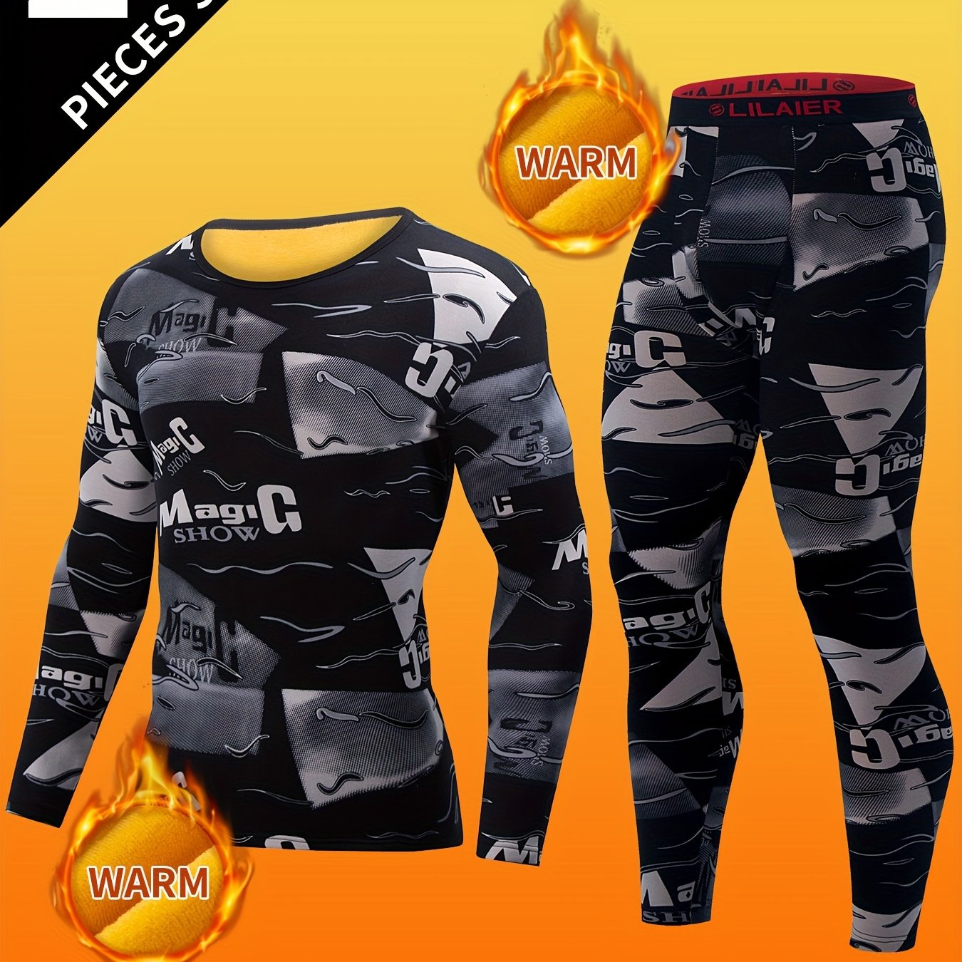 [2pcs Thermal Underwear Set Slight] Men'S 2pcs Thermal Underwear Set with Long Sleeve Top and Pants, 95% Polyester 5% Elastane, Slight Stretch, All Over Print, Knit Fabric, Casual Innerwear for Autumn and Winter