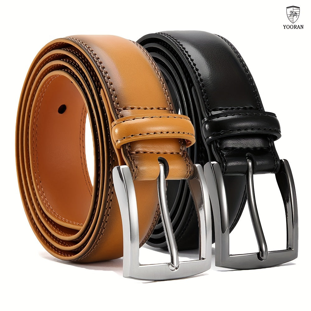 2PC YOORAN Mens Formal Wear Belt-Leather Single Pin Buckle Belt1 3/ 8 - Suitable for Men's Suits, Jeans, Uniforms