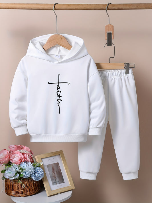 2Pcs Faith Print Girls Casual Crew Neck Long Sleeve Sweatshirt & Pants Trousers Set - Winter Fall Hoodie Outfits