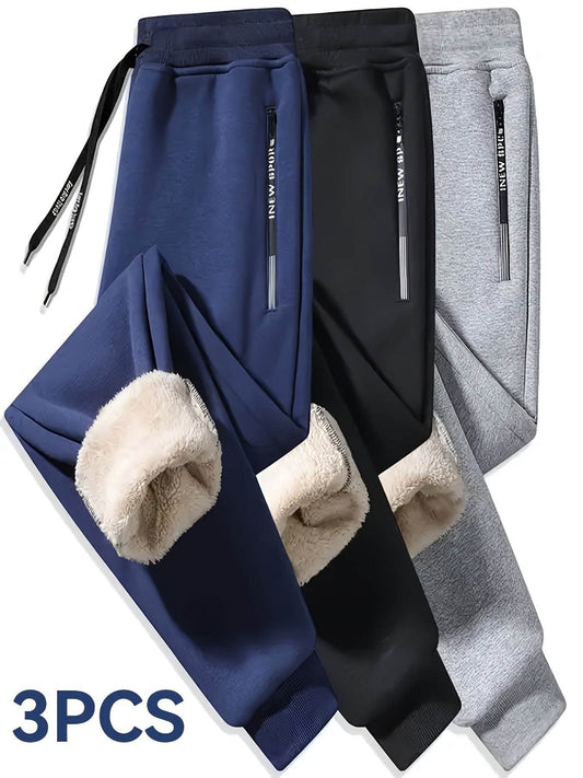 3pcs Men's Fleece-Lined Thick Athletic Pants - Casual, Stretchable Polyester with Zippered Pockets, Machine Washable - Navy, Black, Gray, Casual Athletic Pants|Fleecelined Warmth|Knitted Texture - ZOOMNSTORE