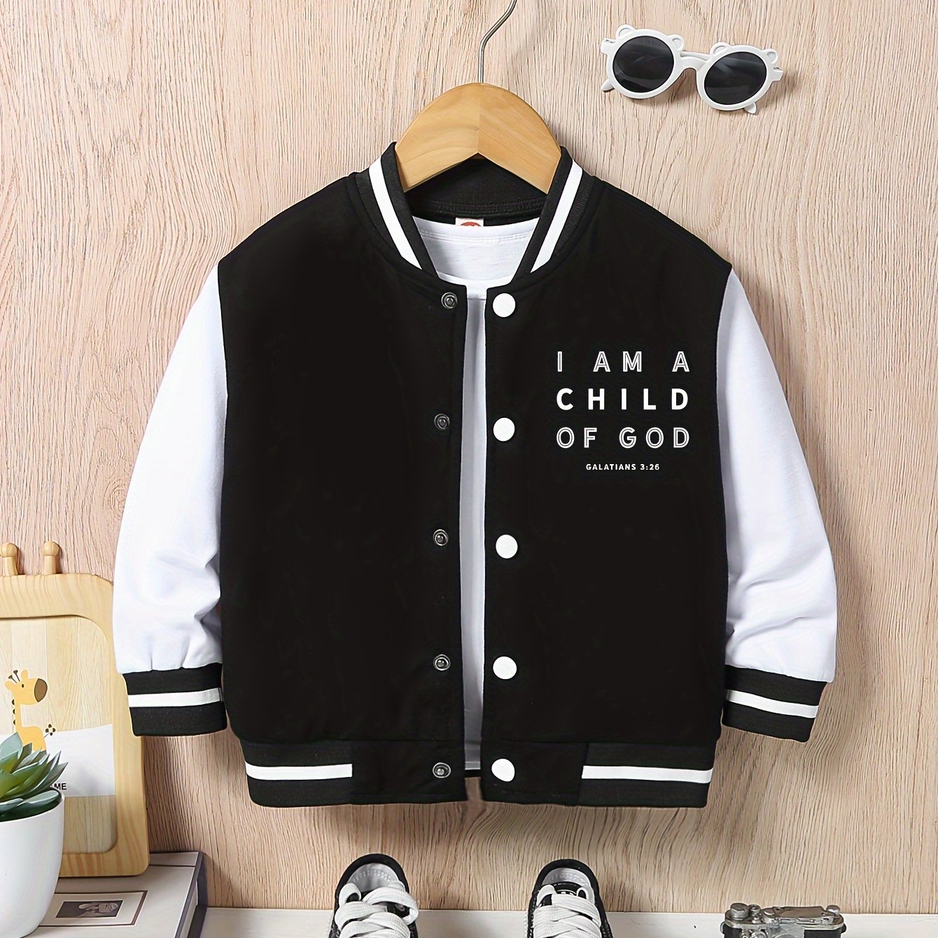 [For Kids Preppy Varsity Jacket] I AM A CHILD OF GOD Print Varsity Jacket For Kids, Preppy Style Bomber Jacket, Button Front Long Sleeve Coat, Boy's Clothes For Spring Fall Outdoor