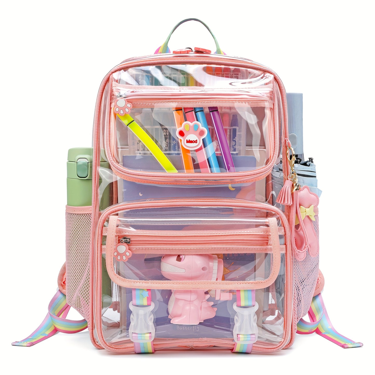 Pink Clear Backpack - Durable Waterproof School Bag with 2 Front Pockets  Cartoon Stickers