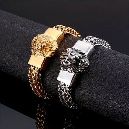 2pcs/set Domineering Lion Head Bracelet Men's Stainless Steel Braided Chain Wristband Bracelet Hip-Hop Trendy Accessories