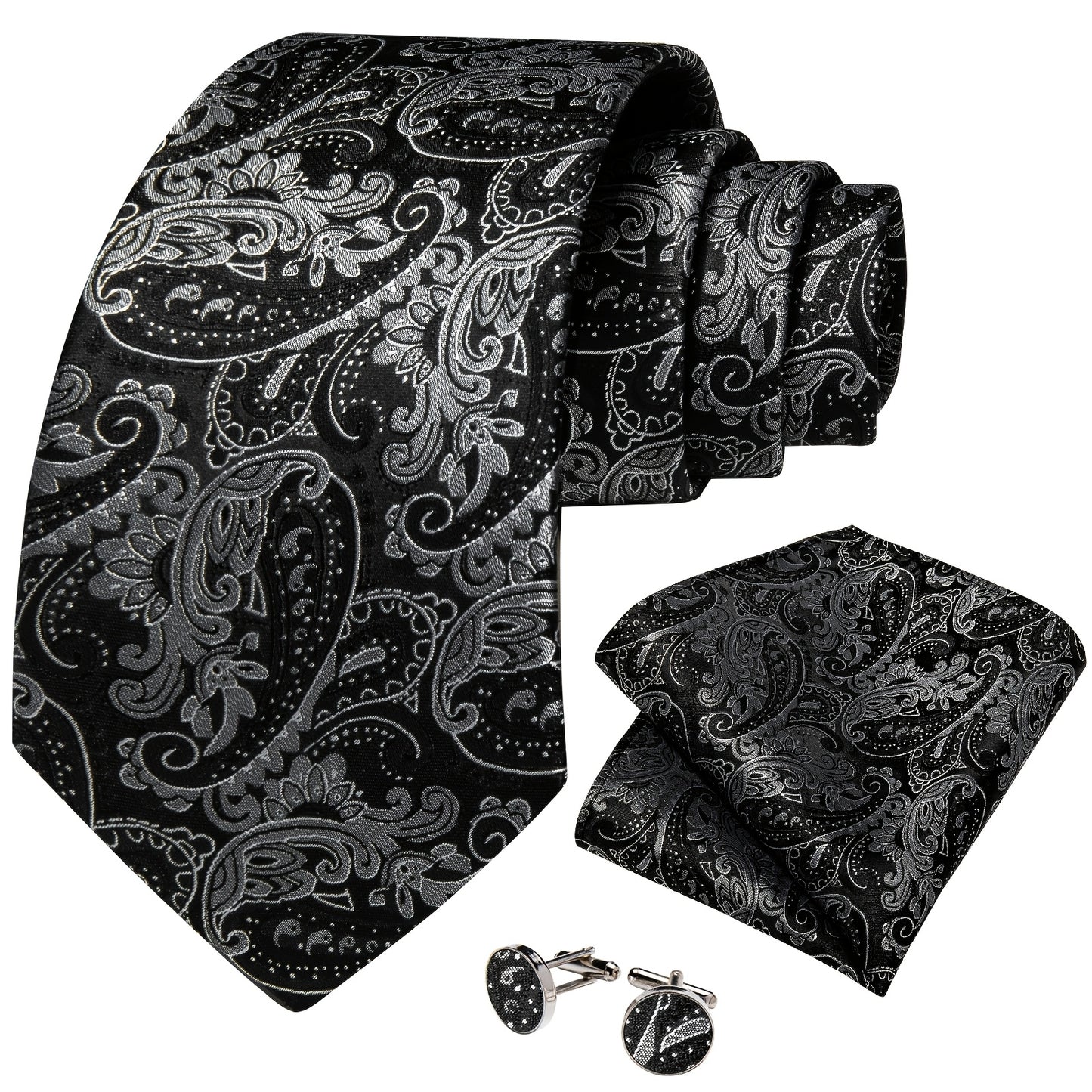 3pcs/Set Men'S Classic Silk Gray Floral Tie Necktie Pocket Square Cufflinks Set Fashion Classic