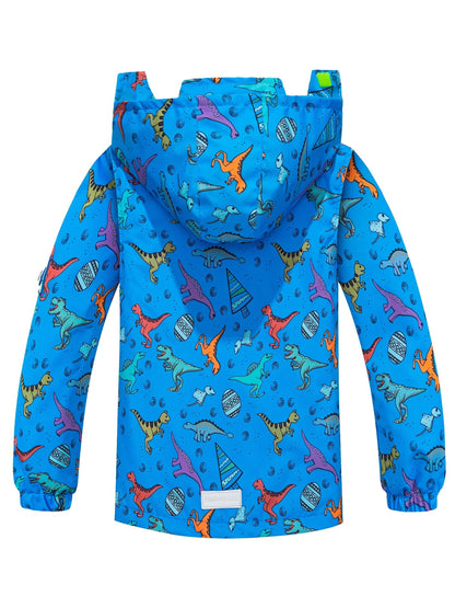 Waterproof Lightweight Boys Dinosaur Rain Jacket - Removable Hood Mesh Lined Hooded Raincoat Windbreaker for Kids