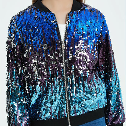 Lightweight Sparkle Mebius Girls Sequin Bomber Jacket - Zipper Long Sleeve with Pockets - For Kid 6-12Y