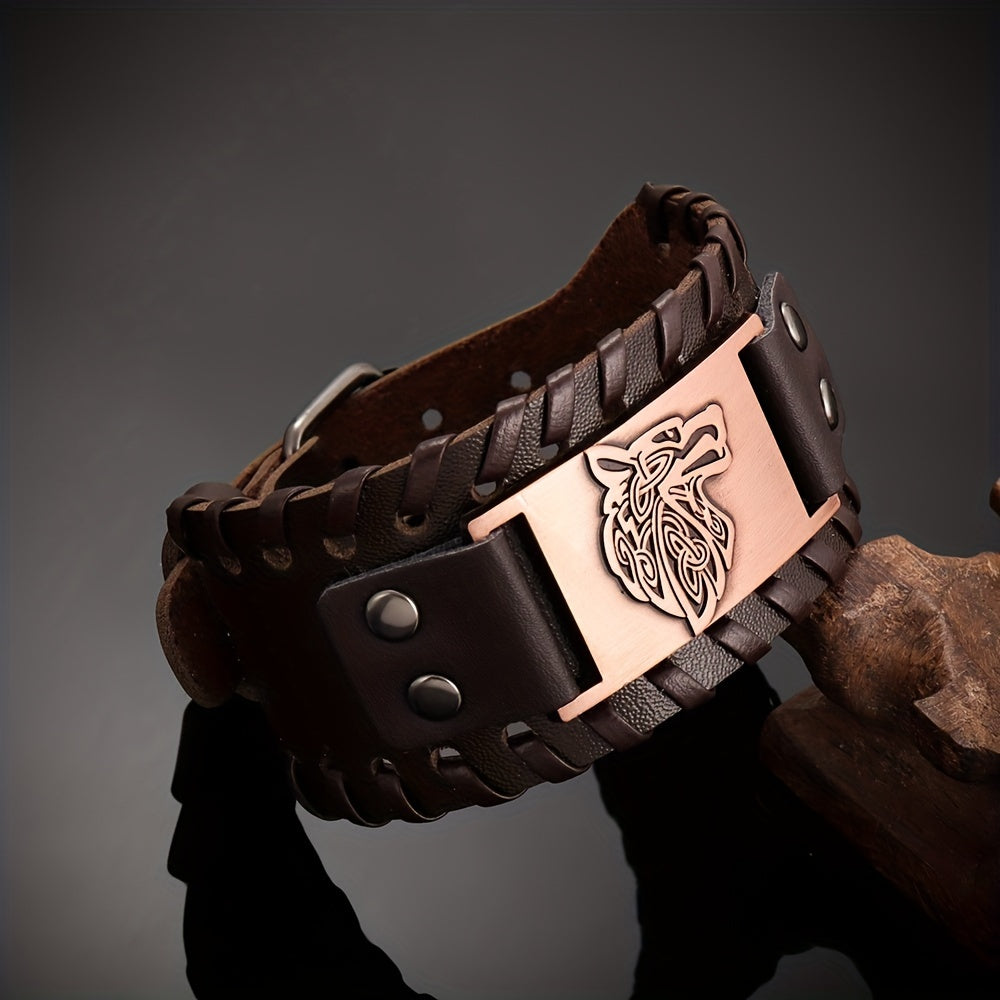 1pc Men's Fashion Wolf Head Pattern Bracelet, Retro Punk Braided Adjustable PU Leather Bracelet, Holiday Gift Jewelry