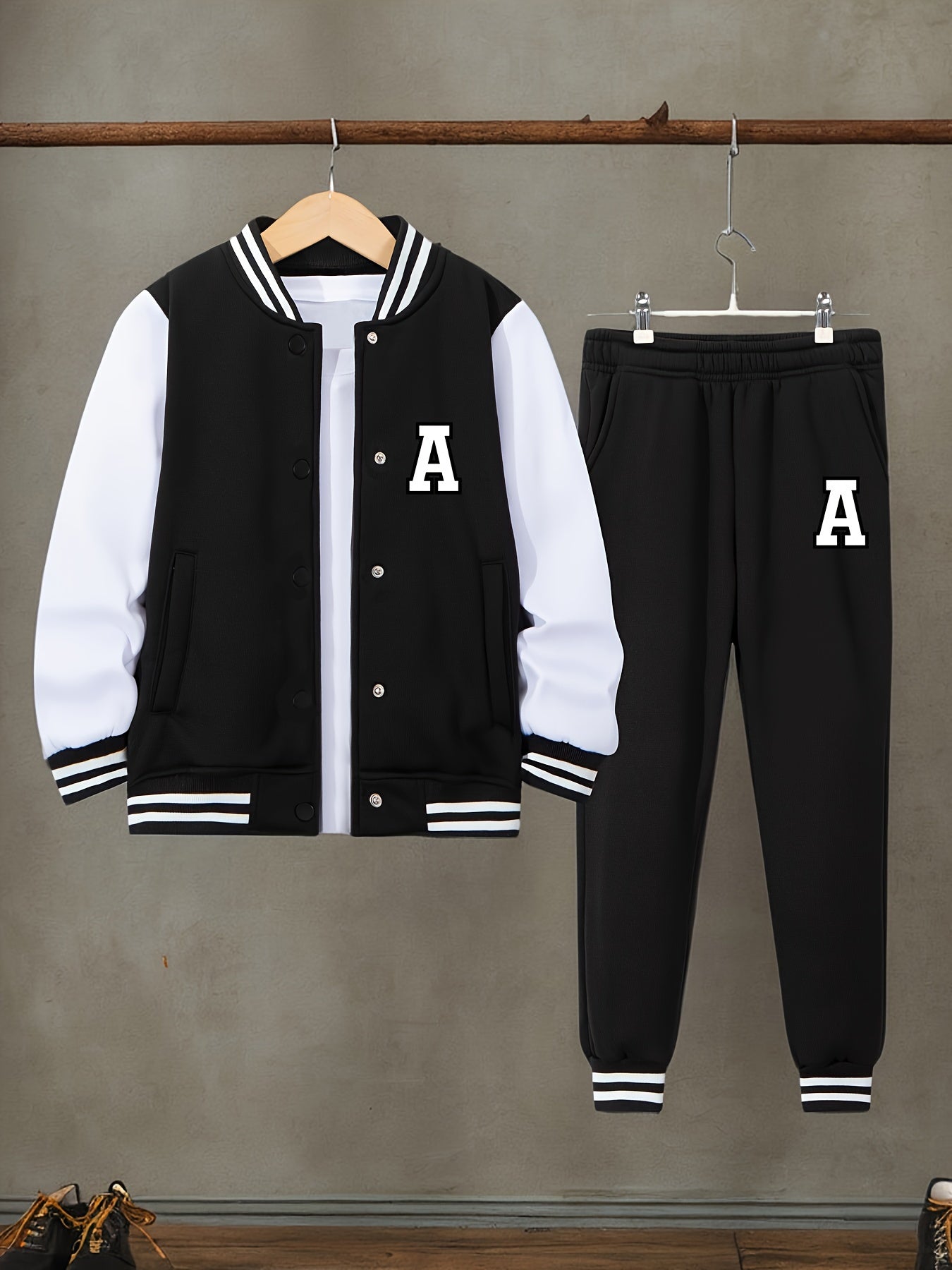 Boys' 2pcs Set: Letter A Print Varsity Jacket & Joggers - Cozy Fleece, Striped Baseball Collar Outfit for Fall/Winter, Perfect for Outdoor