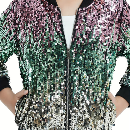 Lightweight Sparkle Mebius Girls Sequin Bomber Jacket - Zipper Long Sleeve with Pockets - For Kid 6-12Y