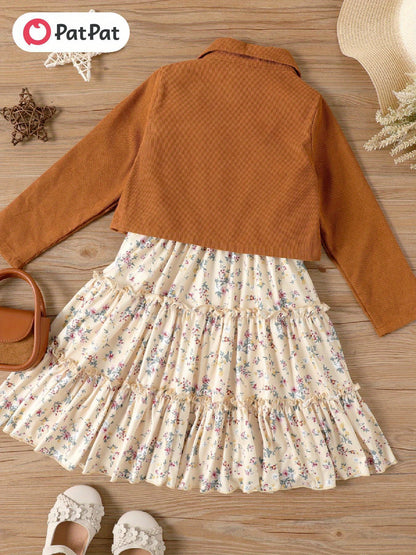 [2pcs Lapel Collar Jacket Set] PatPat Kid Girl 2pcs Lapel Collar Jacket and Floral Ruffled Dress Set