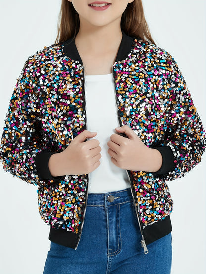 Lightweight Sparkle Mebius Girls Sequin Bomber Jacket - Zipper Long Sleeve with Pockets - For Kid 6-12Y