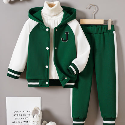 Long Sleeve Color Block Drop Shoulder Varsity Baseball Hooded Jacket & Casual Pants Outfit - 2pcs Boys J Letter Print - Kids Clothing For Spring Fall Daily & Outdoor Wear