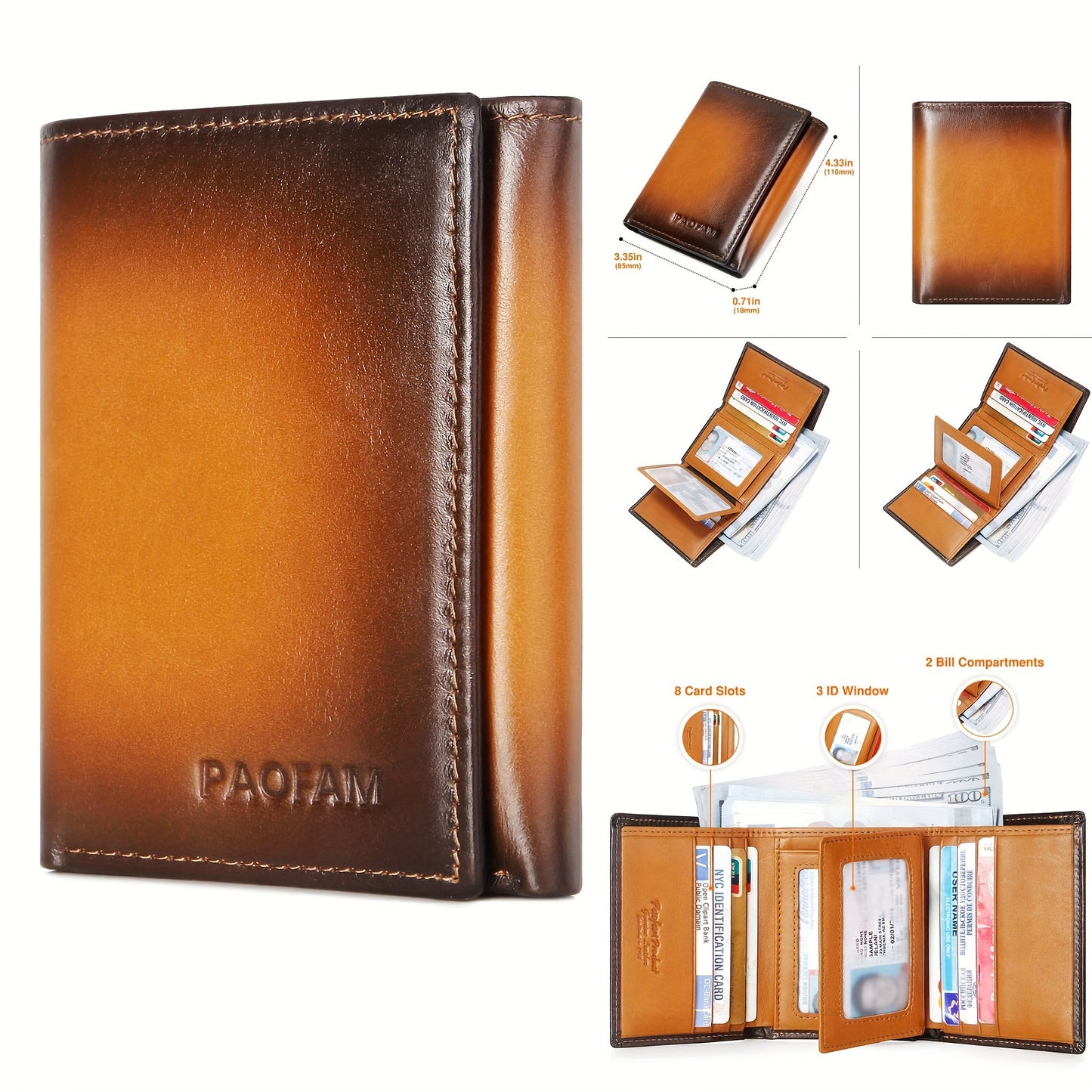 Slim Leather RFID Blocking Wallet for Men - 8 Card Slots 3 ID Windows 2 Bill Compartments