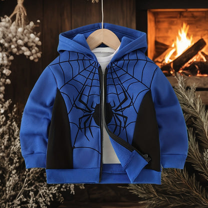 Autumn And Winter Zip Up Long Sleeve Spider Web Pattern Hooded Jacket - Boy's Coat