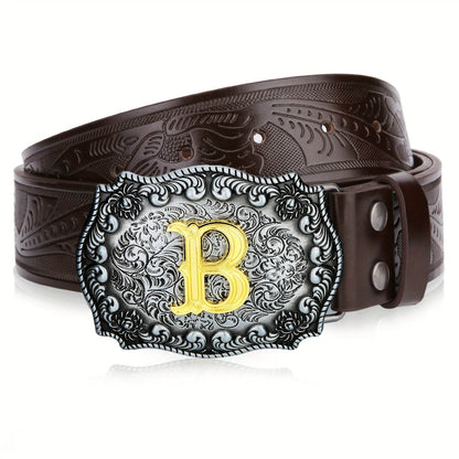 Mens' Western Cowboy Embossed Floral PU Leather Belt - Longhorn Bull Pattern Letter Big Buckle Belt - Stylish, Durable, and Adjustable Belts for Men - ZOOMNSTORE