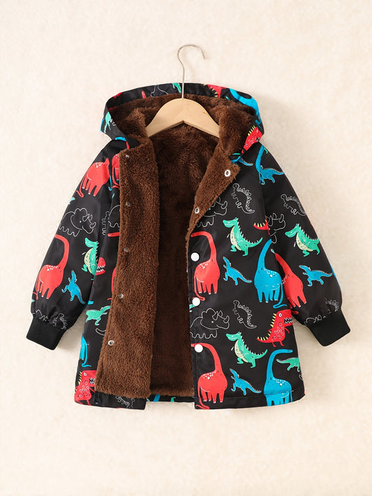 ' Dinosaur Print Hooded Windbreaker Jacket - Casual Polyester Fleece with Slight Stretch, Fall/Winter Collection, Regular Fit for Over 3 Years Old