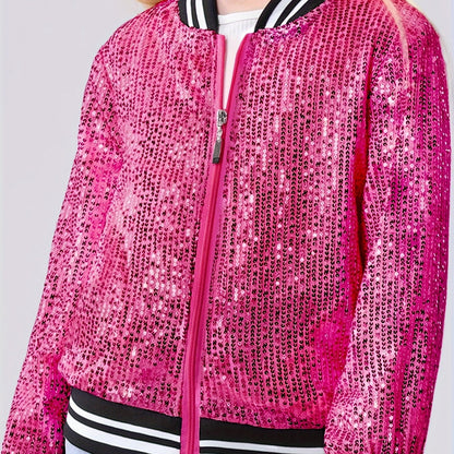 Lightweight Sparkle Mebius Girls Sequin Bomber Jacket - Zipper Long Sleeve with Pockets - For Kid 6-12Y