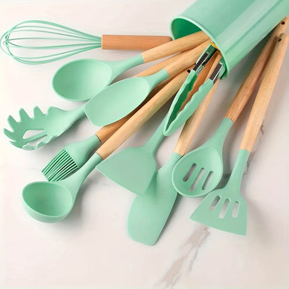 12-Piece Premium Non-Stick Silicone Kitchen Utensil Set with Ergonomic Wooden Handles - Durable, Heat-Resistant, Easy to Clean, and Safe for Cooking and Baking - Ideal for Back to School, Dorm Essentials, and Home Cooking Ent - ZOOMNSTORE