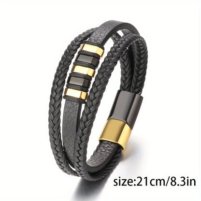 1pc Stylish Men's Multi-Layer Braided Faux Leather Bracelet with Magnetic Clasp, Vintage Punk Style - Ideal Holiday Gift Accessory