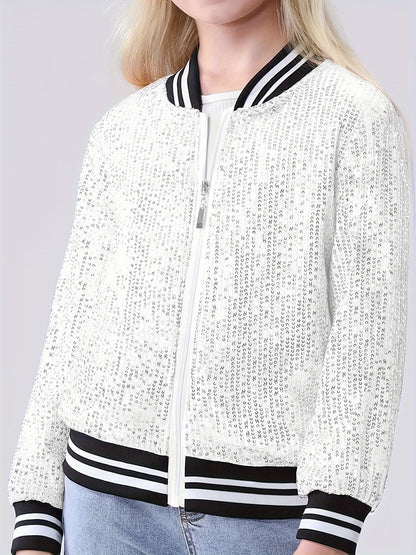 Lightweight Sparkle Mebius Girls Sequin Bomber Jacket - Zipper Long Sleeve with Pockets - For Kid 6-12Y