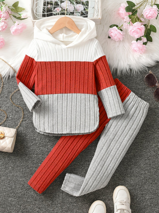 2pcs Ribbed Long Sleeve Hoodie Top + Slim Pants Set - Contrast Color Casual Outdoors Winter Fall Clothes for Girls