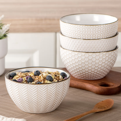 Gooditour Ceramic Cereal Bowls Set - 26 Oz Embossed Soup Bowl - 6 Inch Stoneware Kitchen Bowl for Oatmeal Salad Dessert Rice - Microwave Dishwasher Oven Safe - Set of 4 - White