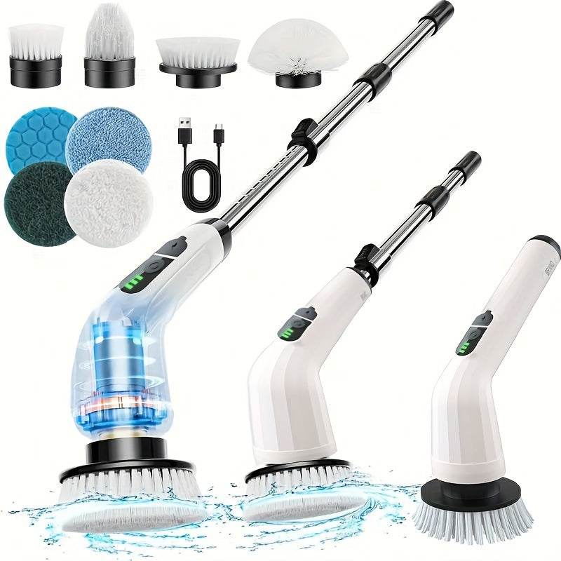 1pc Cordless Electric Rotary Scrubber Pro with 7 Interchangeable Brush Heads, Dual Speed, Telescopic Handle, Battery Level Indicator, USB Rechargeable 2000mAh Lithium Battery, Medium Firmness, Reusable Attachment for Kitchen, - ZOOMNSTORE