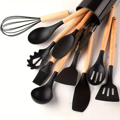 12-Piece Premium Non-Stick Silicone Kitchen Utensil Set with Ergonomic Wooden Handles - Durable, Heat-Resistant, Easy to Clean, and Safe for Cooking and Baking - Ideal for Back to School, Dorm Essentials, and Home Cooking Ent - ZOOMNSTORE