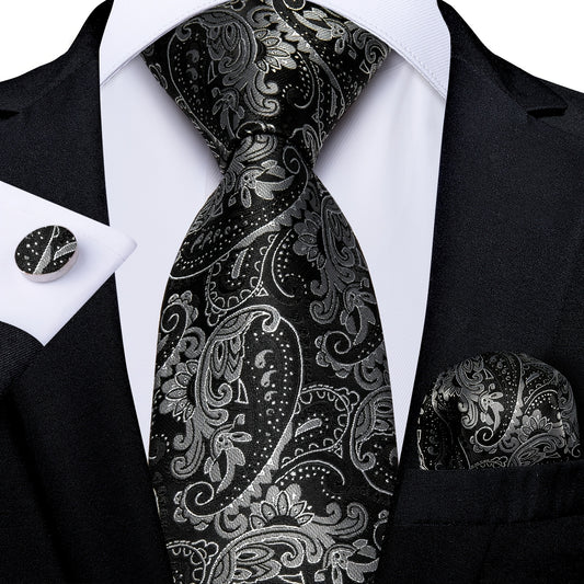 3pcs/Set Men'S Classic Silk Gray Floral Tie Necktie Pocket Square Cufflinks Set Fashion Classic