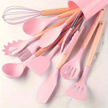 12-Piece Premium Non-Stick Silicone Kitchen Utensil Set with Ergonomic Wooden Handles - Durable, Heat-Resistant, Easy to Clean, and Safe for Cooking and Baking - Ideal for Back to School, Dorm Essentials, and Home Cooking Ent - ZOOMNSTORE