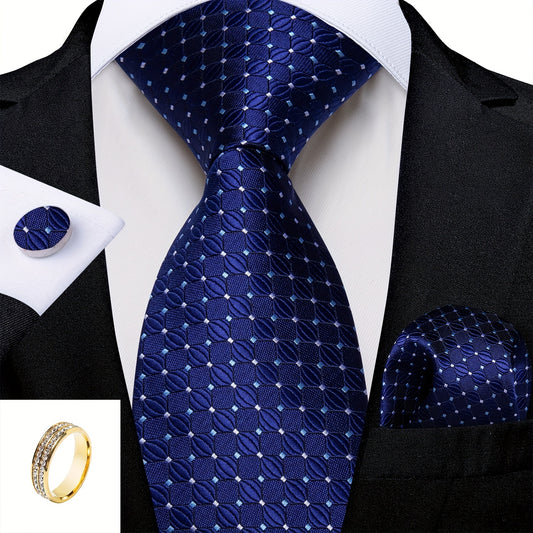 4pcs/Set Men's Tie Silk Blue Checks Necktie And Pocket Square Cufflinks Ring Set For Party