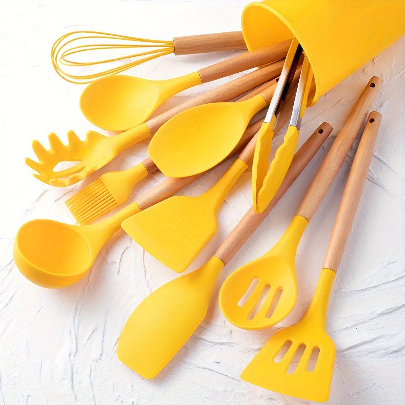 12-Piece Premium Non-Stick Silicone Kitchen Utensil Set with Ergonomic Wooden Handles - Durable, Heat-Resistant, Easy to Clean, and Safe for Cooking and Baking - Ideal for Back to School, Dorm Essentials, and Home Cooking Ent - ZOOMNSTORE