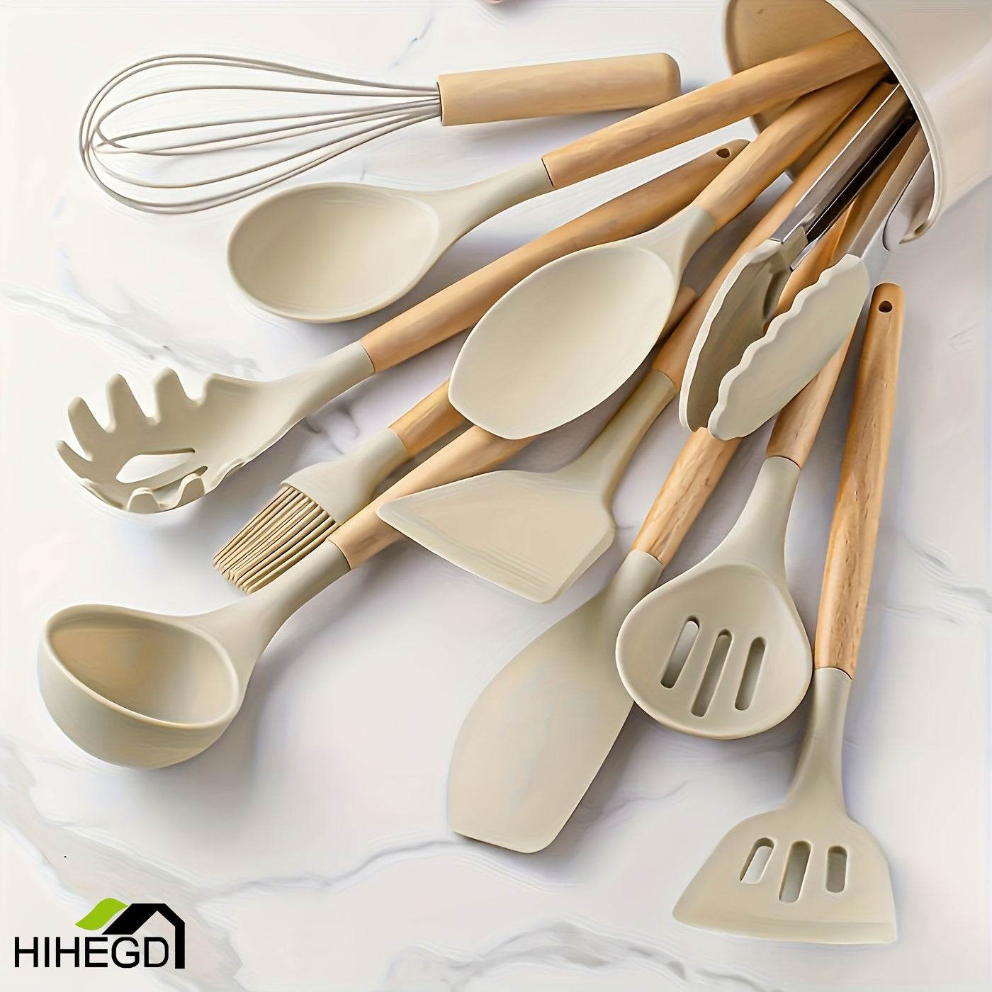 12-Piece Premium Non-Stick Silicone Kitchen Utensil Set with Ergonomic Wooden Handles - Durable, Heat-Resistant, Easy to Clean, and Safe for Cooking and Baking - Ideal for Back to School, Dorm Essentials, and Home Cooking Ent - ZOOMNSTORE