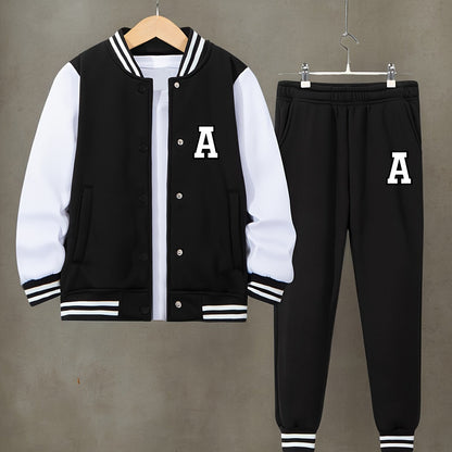 Boys' 2pcs Set: Letter A Print Varsity Jacket & Joggers - Cozy Fleece, Striped Baseball Collar Outfit for Fall/Winter, Perfect for Outdoor