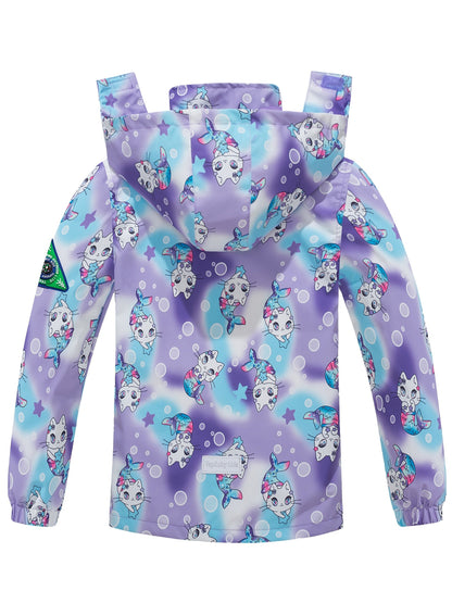 Outdoor Girls Rainproof & Cute Print Zip-up Rain Jacket With Detachable Hood - Lightweight Mesh Lining Hoodie Windbreaker