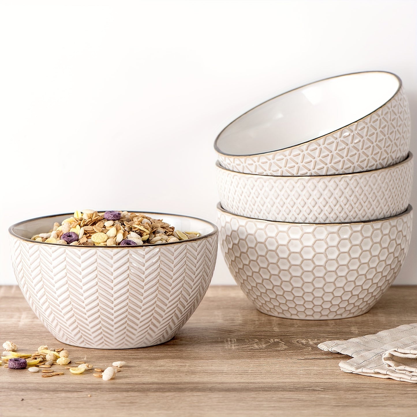 Gooditour Ceramic Cereal Bowls Set - 26 Oz Embossed Soup Bowl - 6 Inch Stoneware Kitchen Bowl for Oatmeal Salad Dessert Rice - Microwave Dishwasher Oven Safe - Set of 4 - White