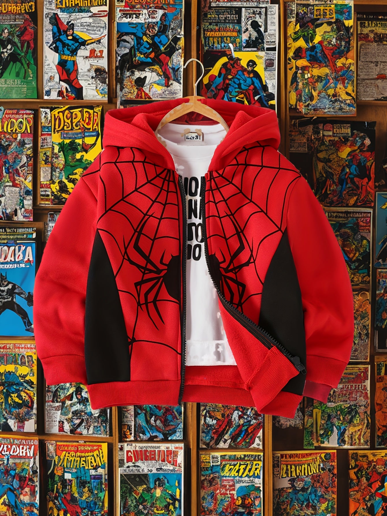 Autumn And Winter Zip Up Long Sleeve Spider Web Pattern Hooded Jacket - Boy's Coat