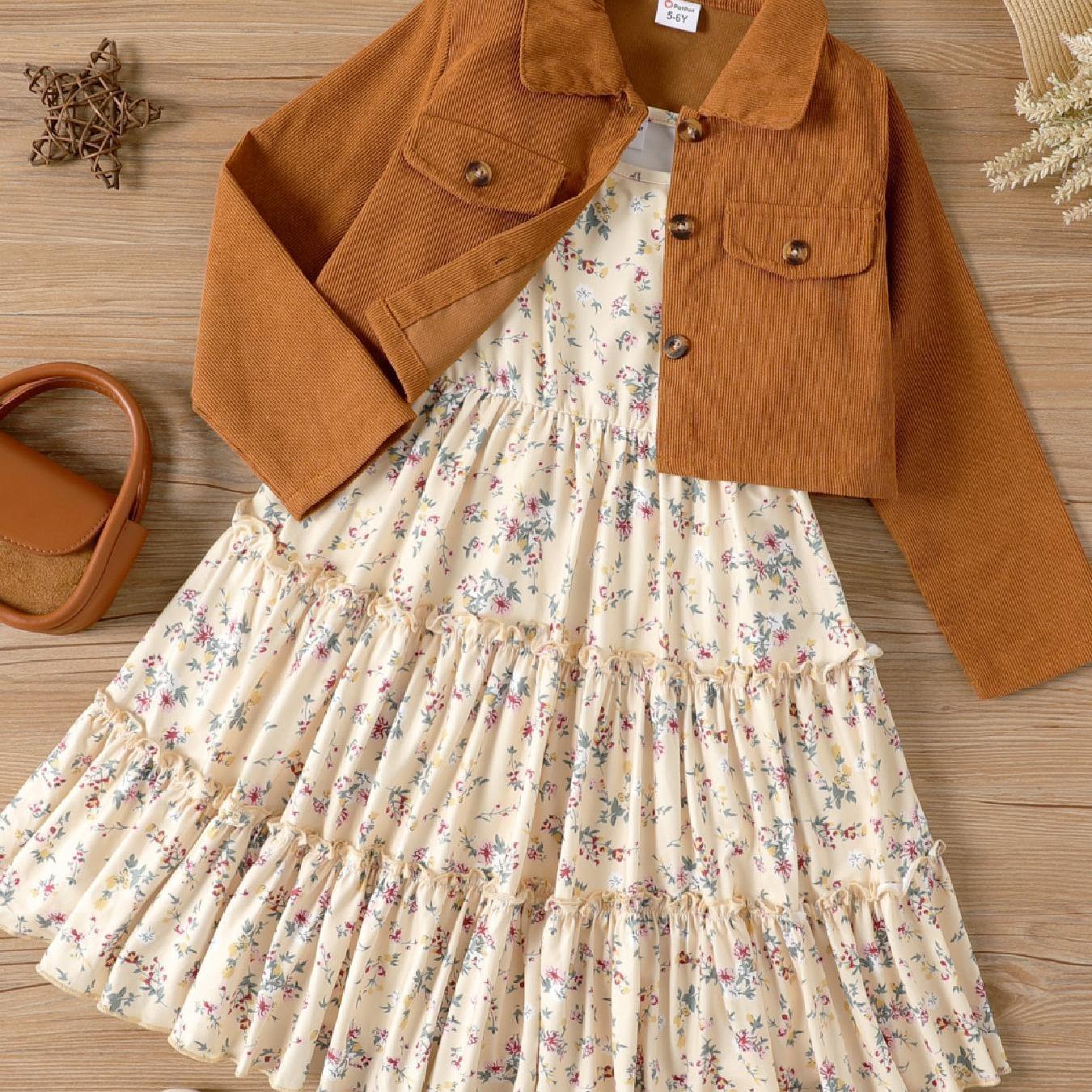 [2pcs Lapel Collar Jacket Set] PatPat Kid Girl 2pcs Lapel Collar Jacket and Floral Ruffled Dress Set