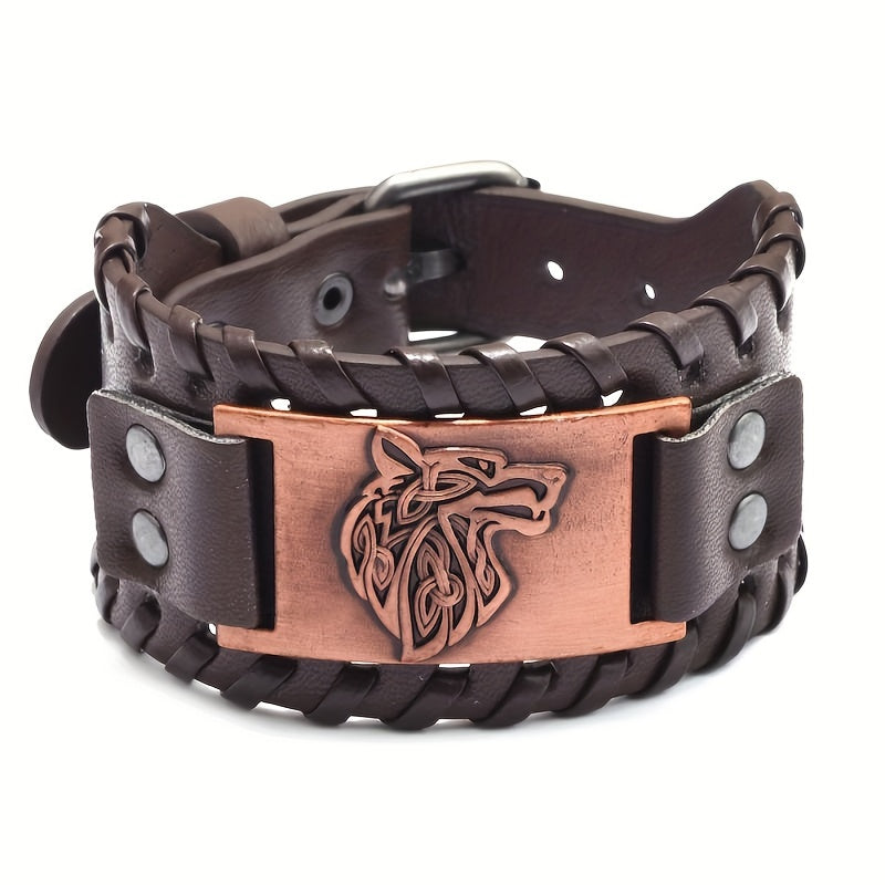 1pc Men's Fashion Wolf Head Pattern Bracelet, Retro Punk Braided Adjustable PU Leather Bracelet, Holiday Gift Jewelry