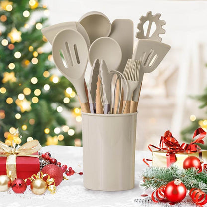 12-Piece Premium Non-Stick Silicone Kitchen Utensil Set with Ergonomic Wooden Handles - Durable, Heat-Resistant, Easy to Clean, and Safe for Cooking and Baking - Ideal for Back to School, Dorm Essentials, and Home Cooking Ent - ZOOMNSTORE