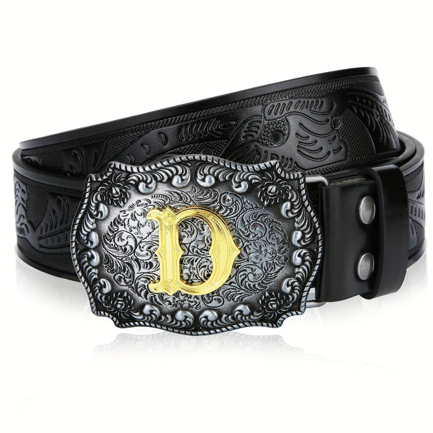 Mens' Western Cowboy Embossed Floral PU Leather Belt - Longhorn Bull Pattern Letter Big Buckle Belt - Stylish, Durable, and Adjustable Belts for Men - ZOOMNSTORE