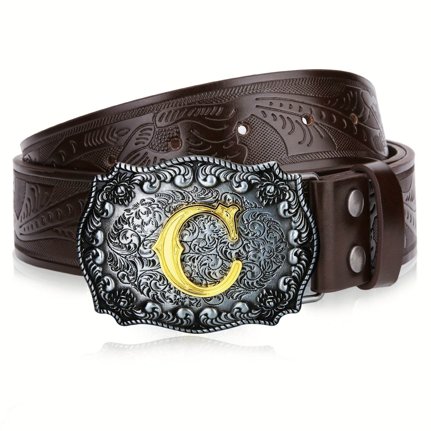 Mens' Western Cowboy Embossed Floral PU Leather Belt - Longhorn Bull Pattern Letter Big Buckle Belt - Stylish, Durable, and Adjustable Belts for Men - ZOOMNSTORE