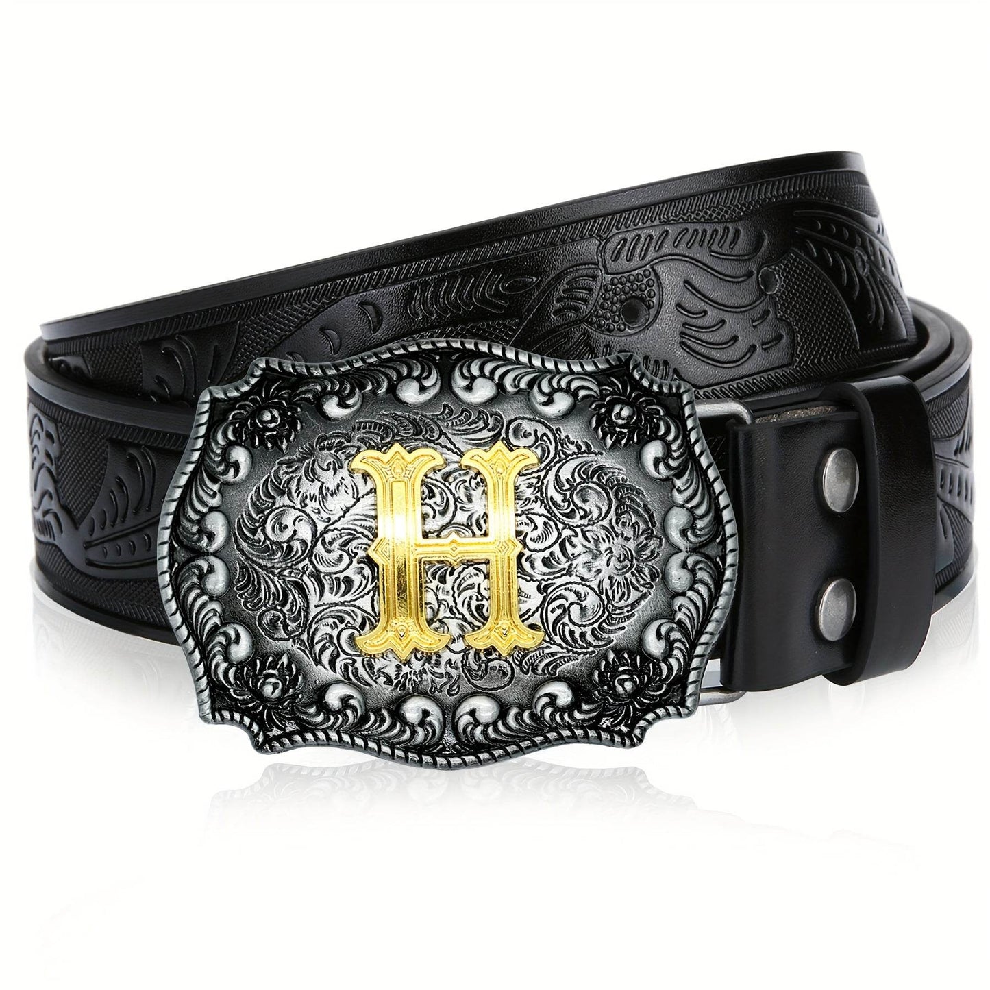 Mens' Western Cowboy Embossed Floral PU Leather Belt - Longhorn Bull Pattern Letter Big Buckle Belt - Stylish, Durable, and Adjustable Belts for Men - ZOOMNSTORE