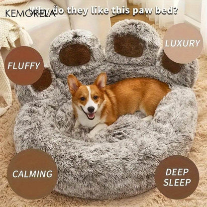 Cozy Bear Paw-Shaped Plush Pet Bed - Modern Gray with Brown Accents, Non-Slip Bottom, Soft & Warm Polyester Nest for Small Cats and Dogs - ZOOMNSTORE