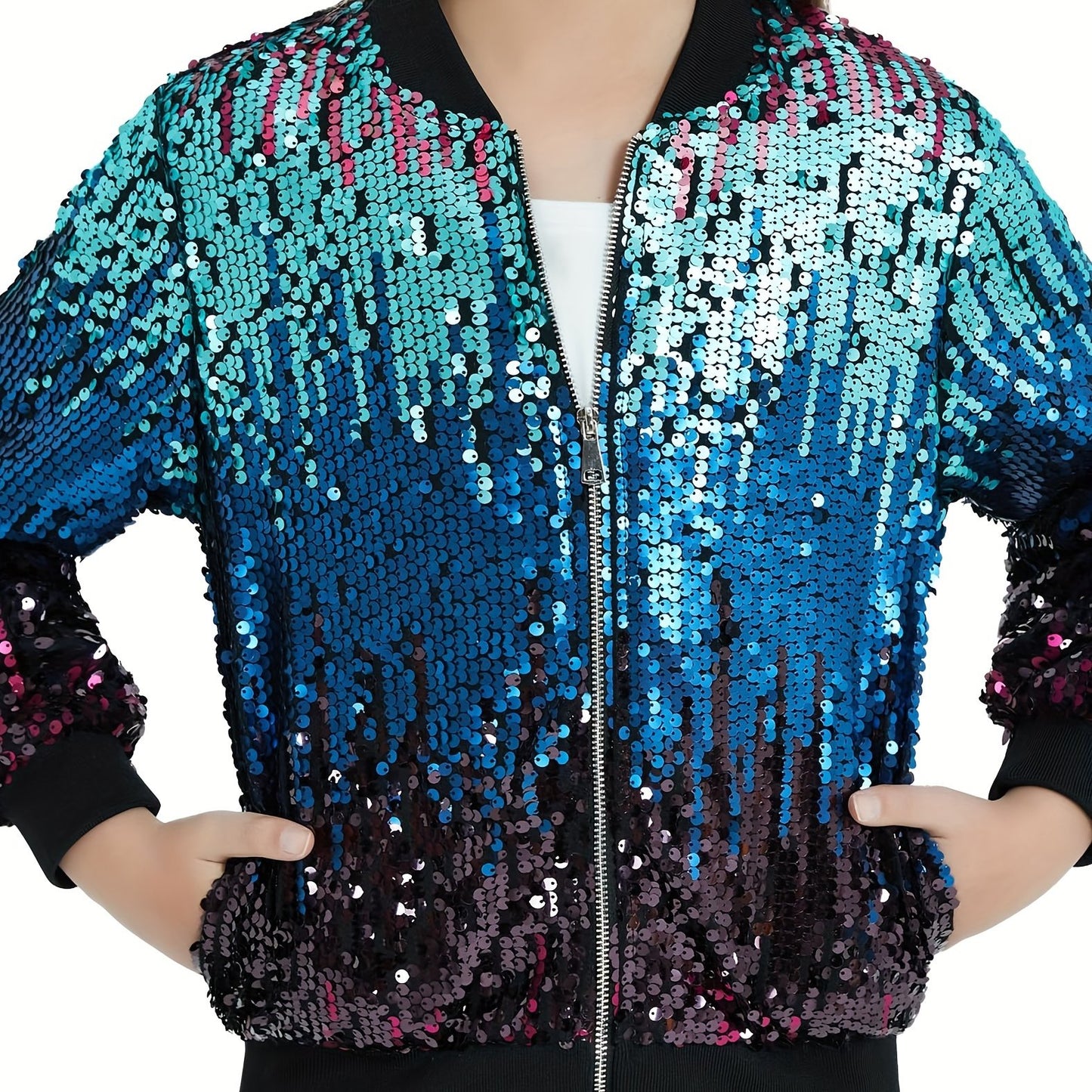 Lightweight Sparkle Mebius Girls Sequin Bomber Jacket - Zipper Long Sleeve with Pockets - For Kid 6-12Y