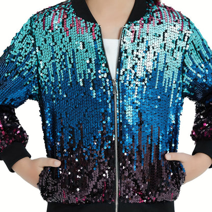 Lightweight Sparkle Mebius Girls Sequin Bomber Jacket - Zipper Long Sleeve with Pockets - For Kid 6-12Y