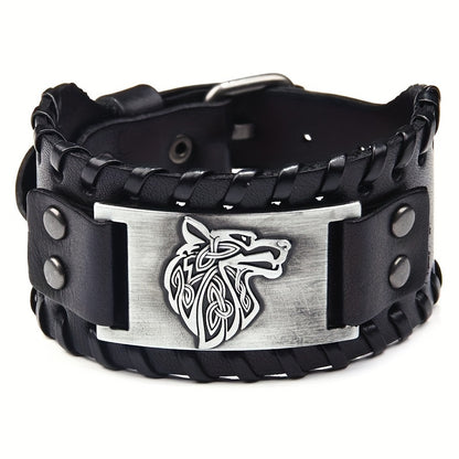 1pc Men's Fashion Wolf Head Pattern Bracelet, Retro Punk Braided Adjustable PU Leather Bracelet, Holiday Gift Jewelry