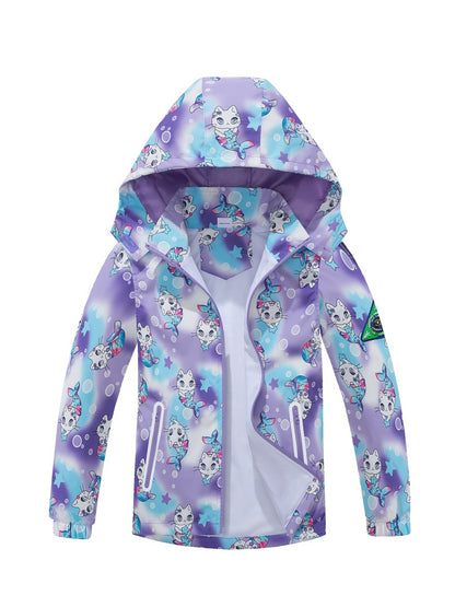 Outdoor Girls Rainproof & Cute Print Zip-up Rain Jacket With Detachable Hood - Lightweight Mesh Lining Hoodie Windbreaker