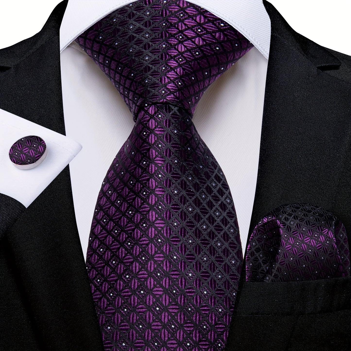 3pc/set Classic Mens Silk Tie Purple Checks Necktie Square Hanky Cufflink Set Formal