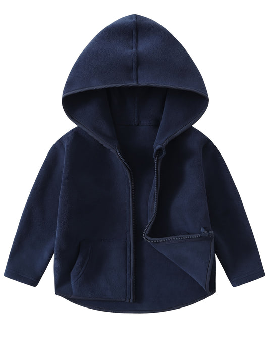 Kids' Hooded Fleece Jacket, Casual Knit Fabric, Solid Color, Long Sleeve, with Zipper and Pockets, for Boys and Girls, Warm Outerwear for Spring/Fall, Age 1-6